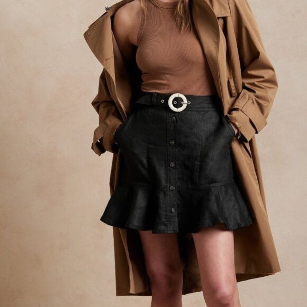 Banana Republic Size 4 Black 100% Linen Retro Belted Mini Skirt